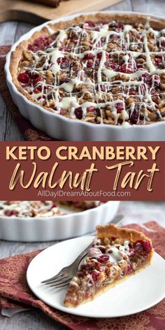 keto cranberry walnut tart on a plate with a fork in it