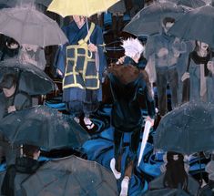 an image of people walking in the rain with umbrellas over their heads and one person holding a yellow umbrella