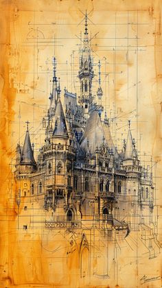 an artistic drawing of a castle with lots of architectural details on it's walls