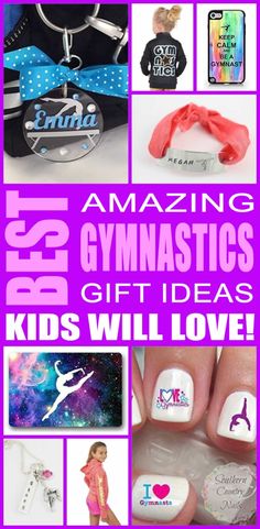 the words amazing gymnastics gifts for kids will love are in purple and white with pink accents