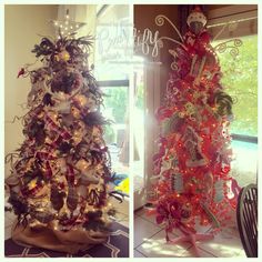 two christmas trees decorated with ribbons and bows