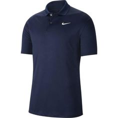 Crafted from breathable, sweat-wicking fabric, the Nike Dri-FIT Victory Polo puts a new spin on golf performance. This product is made from 100% recycled polyester fibres. Nike Dri-FIT technology moves sweat away from your skin for quicker evaporation, helping you stay dry and comfortable. Shoulder seams are rolled forwards so you can fully power through your swing. Collar is ribbed to help prevent curling. Standard fit for a relaxed, easy feel 2-button placket 100% polyester Machine wash Import Polo Shoes, Summer Golf, Nike Long Sleeve, Grey Nikes, University Blue, Golf Polo Shirts, Under Armour Men, Tall Guys, Golf Outfit