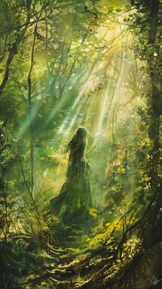 a woman standing in the middle of a forest with sunlight streaming through her hair and dress