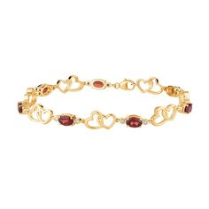 Featuring pairs of interlinking hearts accompanied by oval-cut garnets, this 10k gold bracelet beautifully complements your attire.BRACELET DETAILSLength: 7.5 in.Clasp: lobster clawMetal: 10k goldPlating: rhodiumFinish: polishedPackaging: boxedSTONE DETAILSStone type: garnetTotal weight: 4 1/5 ct.Center stone size: 6 mm x 4 mmShape: ovalSetting: prongDIAMOND DETAILSTotal weight: 1/6 ct.Color grade: I-JClarity: I2-I3Shape: roundSetting: prongGemstones may have been treated to enhance their appear Double Heart, 10k Gold, Oval Cut, Link Bracelets, Garnet, Gold Bracelet, Size 7, Size 6, Gold