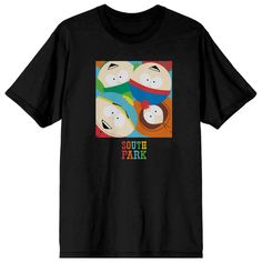 Celebrate your favorite animated series in style with this South Park tee. The shirt features an image of Kyle, Kenny, Cartman, and Stan gathered in a square while rainbow letters spell out the series title. The tee comes in a black short sleeve crew neck. South Park fans will love this comfy cotton tee. South Park Outfits, South Park Shirt, Rainbow Letters, Park Square, Snk Cosplay, Boys Graphic Tee, Square Art, South Park, Black Shorts