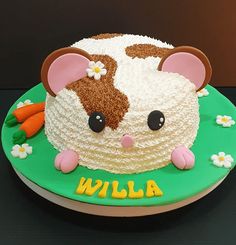 a birthday cake with a mouse on it's face and name written in the middle