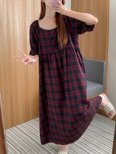 Women's Sweet Plaid Ruffle Trim Bowknot Accent Puff Sleeve Nightgown Red   Short Sleeve Woven Fabric Plaid  Non-Stretch All Women Sleep & Lounge, size features are:Bust: ,Length: ,Sleeve Length: Red Cotton Sleep Dress, Camisole Dress, Retro Hairstyles, Cosplay Dress, Red Shorts, Boho Women, Kids Sleepwear, Two Piece Outfit, Womens Plaid