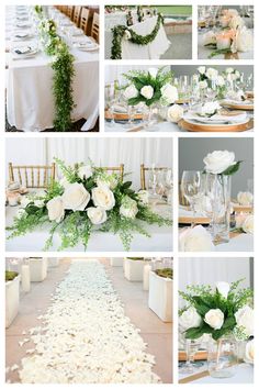 white flowers and greenery decorate the centerpieces of this wedding reception table setting