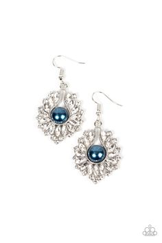 An icy collection of round and marquise cut white rhinestones fan out from an oversized blue pearl center, coalescing into an effervescent elegance. Earring attaches to a standard fishhook fitting.

 Sold as one pair of earrings. Blue Pearl Earrings, Haute Jewelry, Bling Fashion, Gray Necklace, Brown Bracelet, Mixed Metal Jewelry, Paparazzi Accessories, White Necklace, White Rhinestone