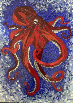 an octopus is depicted on a mosaic background