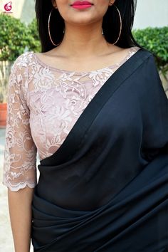 Buy Black Satin Saree Online in India | Colorauction Saree Jacket Designs, Lace Blouse Design, Netted Blouse Designs, Saree Jackets, Lace Saree, Net Blouses