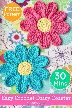 two crochet daisy coasters with the words easy crochet daisy coaster