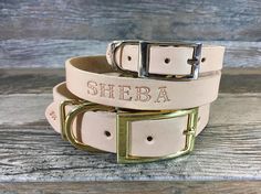 Personalized Natural Beige Leather Dog Collar, Brass / Gold Tone Hardware, Embossed Name Gold Dog Collar, Velvet Dog Collar, Rose Gold Gifts, Girl Dog Collars