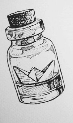 a drawing of a glass jar with a paper boat in it