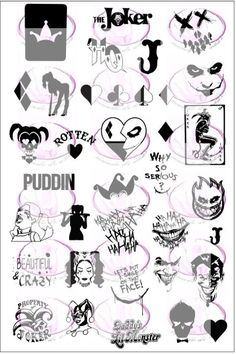 various graffiti stickers are shown in black and white, with pink ink on them