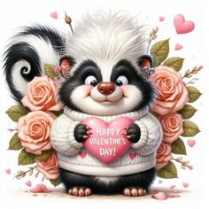 a cute raccoon holding a heart surrounded by pink roses and hearts with the words happy valentine's day written on it