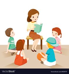 children sitting on the floor and reading books to their teacher in front of them,