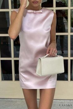 Lasaky - Sophisticated Solid Backless Dress with Bow Detail and O-Neck Design Pink Sleeveless Mini Dress For Evening, Satin Mini Dress, Dress For Women, Dress Designs, Evening Gown, Sundress, Satin, Mini Dress, Pink