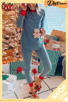 Striped Long Sleeves Christmas Pyjama Sets Sleeve Silhouette, Pyjama Sets, Christmas Pajama Set, Striped Pyjamas, Comfortable Tops, Outfits Women, Printed Sleeves, Christmas Pajamas, Contrast Trim