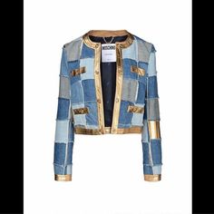 a jacket with gold and blue patches on it