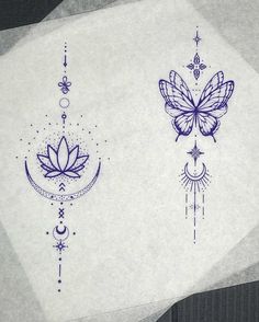 two designs on white paper with blue ink, one has a butterfly and the other has a crescent