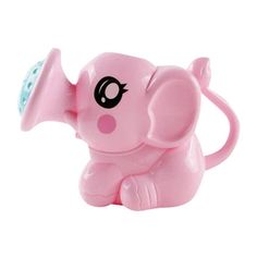 a pink elephant toy with a light on it's trunk and its head in the air