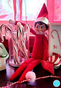 the elf is sitting next to some candy canes