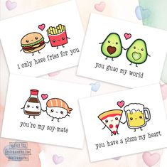 four cards with cute food and words on them