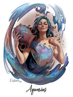 an artistic painting of a woman holding a vase in front of her face and the words aquarius on it