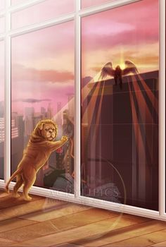 a lion is looking out the window at another animal in the city outside, and it appears to be reaching for something