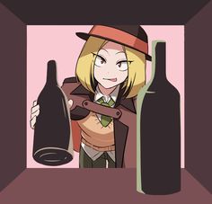 a woman holding a wine bottle next to a bottle of wine and a corkscrew