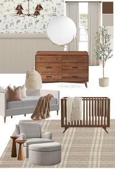 Modern rustic nursery decor mood board! Nursery decor ideas Neutral Baby Nurseries, Boy Nursery With White Crib, Modern Cowboy Nursery, Wallpaper Boy Nursery, Boy Nursery With Wallpaper, Neutral Cowboy Nursery, Baby Boy Nursery Dark Wood Furniture, Rustic Cowboy Nursery, Modern Boy Nursery Ideas