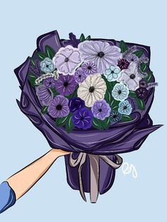 a hand holding a bouquet of purple and white flowers on a light blue background,