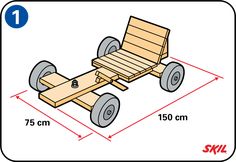 a wooden toy car is shown with measurements for the wheels and axles on it