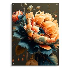 an orange and blue flower with leaves on a black background canvas wall hanging art print