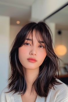 Asian Girl Haircut Medium, Layered Hair Medium Straight Shoulder Length With Curtain Bangs, Trendy Bangs Medium Hair, Medium Length Haircut Asian, Medium Haircut, Short Shag Haircuts, Asian Haircut, Hairstyles 2024, Bright Red Hair