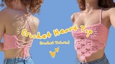 two women wearing pink crochet bras and denim shorts with the words cocket heat tips written on them