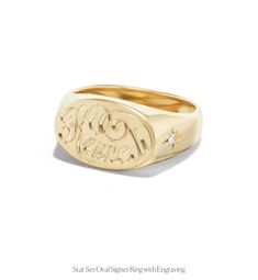 This signet ring style was designed specifically by Madison for the Fewer Finer collection. She deems the shape perfect for a classic signet style, proportionally sound, beautifully finished in a mix of smooth and matte, and classically beautiful. This version includes star set diamonds on either side. The top can be left intentional blank, or enhanced with a monogram or other engraving. This style is unisex, and looks great on men and woman. Wide Art, Oval Signet Ring, Alternative Metal, Gold Signet Ring, Ring Style, Hand Engraving, Signet Ring, The Star, White Gold Diamonds