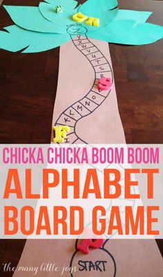 the alphabet board game is made with paper and letters that spell out, chicka boom boom