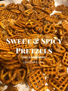 the words sweet and spicy pretzels are in front of an assortment of pretzels