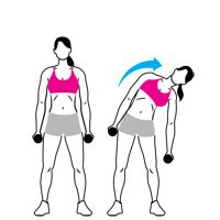 the woman is doing exercises with dumbbells on her chest and back, while standing in front of one another