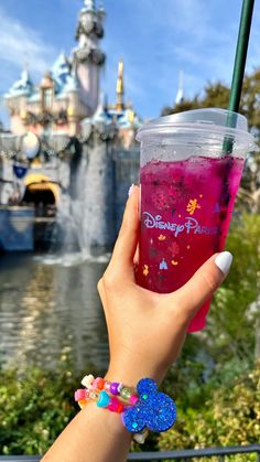 a person holding up a drink in front of a castle with the disney world behind it