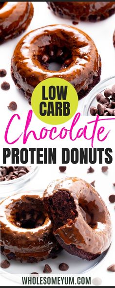 low carb chocolate protein donuts on a plate with the title overlay reading low carb chocolate protein donuts