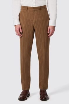 cuttel-slim-fit-pinstripe-brown-trousers Classic Tailored Dress Pants With Vertical Stripes, Classic Tailored Striped Dress Pants, Tailored Striped Dress Pants With Welt Pockets, Brown Pinstripe Pants, Tailored Pinstripe Three-piece Suit, Luxury Single-breasted Pinstripe Suit, Luxury Pinstripe Single-breasted Outerwear, Brown Pinstripe, Brown Trousers