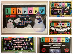 there are pictures of different bulletin boards with snowmen and polar bears on them, along with the words library where there is better place to be