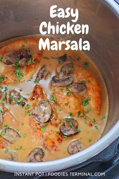 an easy chicken marsala recipe with mushrooms and parsley in a pot on the stove