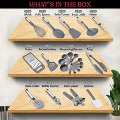 an image of kitchen utensils displayed on wooden shelves with text that says, what's in the box?