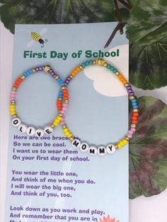 the first day of school bracelets are made with beads and words that spell out mom