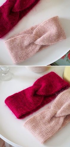 two pictures showing how to make knitted headbands