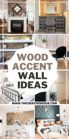 the words wood accent wall ideas are overlaid with images of furniture and decor items